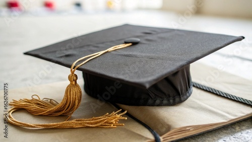 Black Graduation Cap with Gold Tassel Resting on Book; Achievement, Success, Education Concept