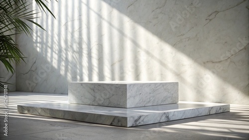 Serene Minimalist Marble Display: Two-Tiered Platform with Sunlit Shadows and Greenery.