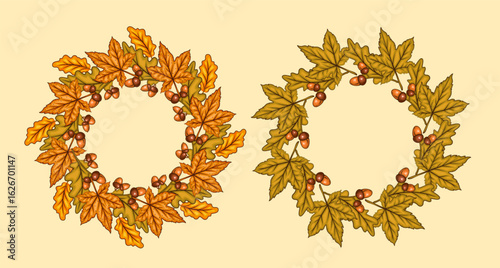 Fall wreath with leaves isolated. Fall  Background. Autumn  wreath Illustration. Fall Flower Design. Fall Botanical Wreath design. Harvest Festival  Frame. Botanical Design for harvest fest
