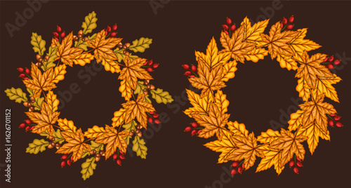 Fall wreath with leaves isolated. Fall  Background. Autumn  wreath Illustration. Fall Flower Design. Fall Botanical Wreath design. Harvest Festival  Frame. Botanical Design for harvest fest