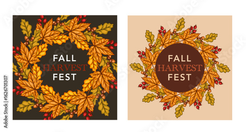 Fall Harvest Festival Banner template. Harvest Fest Poster Design. Pumpkin, Apple, Acorns and fall Greenery. Farm fresh fruits. Fall season elements for Thanksgiving Design. Fall Layout Template