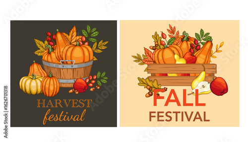 Fall Harvest Festival Banner template. Harvest Fest Poster Design. Pumpkin, Apple, Acorns and fall Greenery. Farm fresh fruits. Fall season elements for Thanksgiving Design. Fall Layout Template