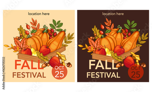Fall Harvest Festival Banner template. Harvest Fest Poster Design. Pumpkin, Apple, Acorns and fall Greenery. Farm fresh fruits. Fall season elements for Thanksgiving Design. Fall Layout Template