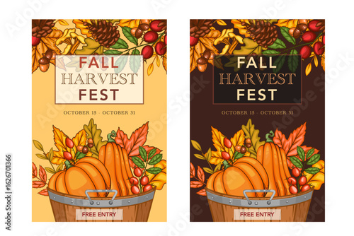 Fall Harvest Festival Banner template. Harvest Fest Poster Design. Pumpkin, Apple, Acorns and fall Greenery. Farm fresh fruits. Fall season elements for Thanksgiving Design. Fall Layout Template