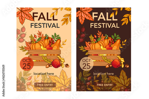 Fall Harvest Festival Banner template. Harvest Fest Poster Design. Pumpkin, Apple, Acorns and fall Greenery. Farm fresh fruits. Fall season elements for Thanksgiving Design. Fall Layout Template