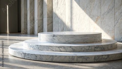 Modern Minimalist Marble Platform: Sunlit Three-Tiered Display in Elegant Architectural Setting