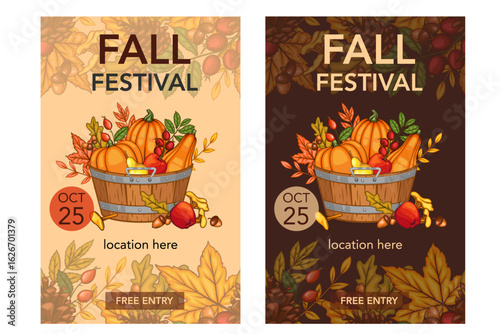 Fall Harvest Festival Banner template. Harvest Fest Poster Design. Pumpkin, Apple, Acorns and fall Greenery. Farm fresh fruits. Fall season elements for Thanksgiving Design. Fall Layout Template