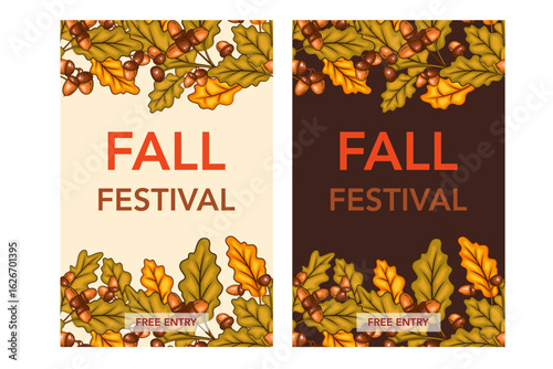 Fall Harvest Festival Banner template. Harvest Fest Poster Design. Pumpkin, Apple, Acorns and fall Greenery. Farm fresh fruits. Fall season elements for Thanksgiving Design. Fall Layout Template