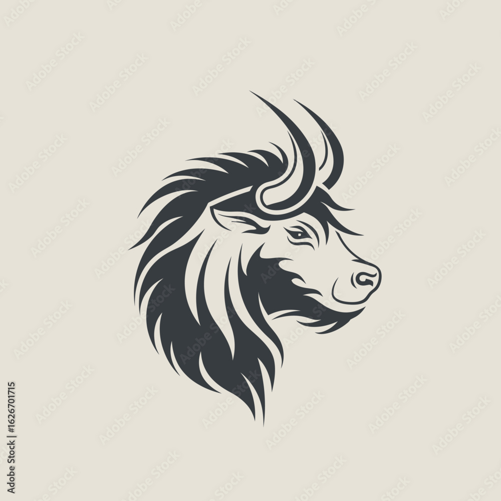 Fototapeta premium Stylized Bull Head Profile with Curved Horns and Dark Mane