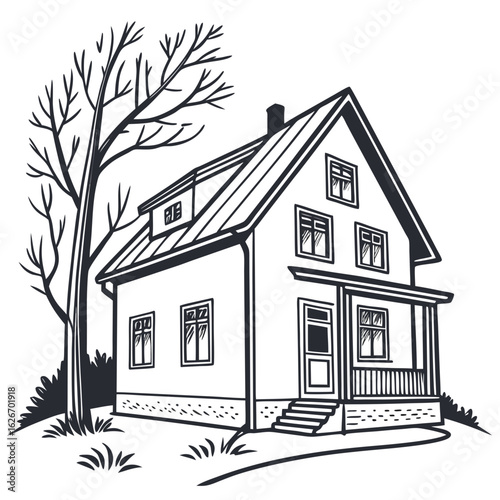 Classic american house with a bare tree and grassy lawn