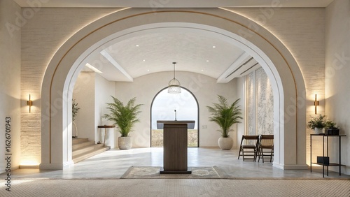 Serene Minimalist Chapel Interior: Modern Podium, Archways, and Natural Light.