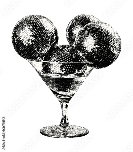 New Year's Eve disco party collage with vintage stippled photocopy texture featuring disco balls inside a martini glass. Vector art for festive cocktail nights, punk style, nightlife, urban