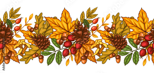 Fall Garland with Pumpkins, Acorns and Leaves. Fall Seamless Horizontal Background. Autumn  Illustration. Fall Flower Design. Fall Botanical garland seamless. Harvest Festival Border Frame