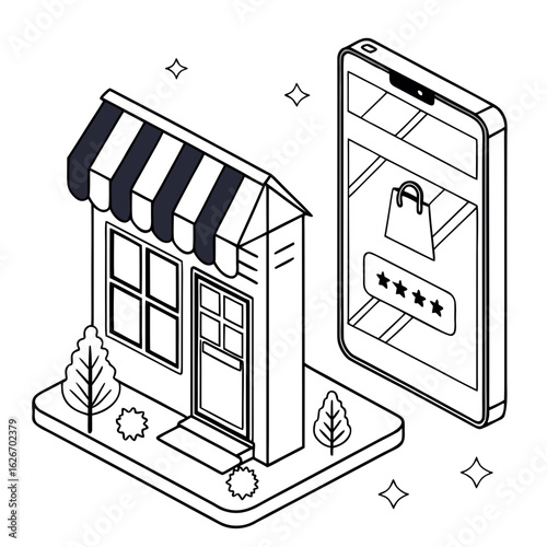 Isometric illustration of a physical store next to a smartphone displaying online shopping and customer reviews