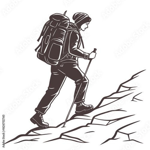 Silhouette of a hiker climbing a rocky mountain with a backpack and trekking poles