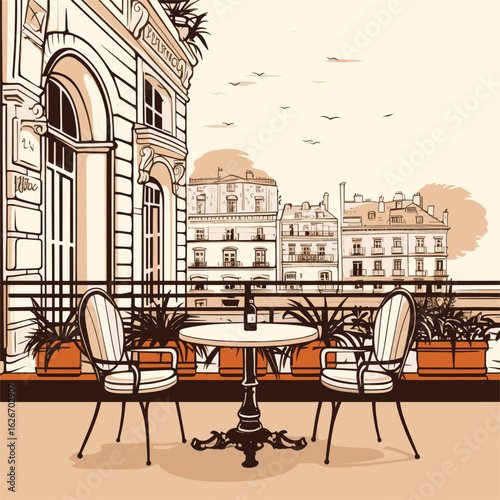 Hand-Drawn Parisian Outdoor Coffee Shop on a Sunny Day