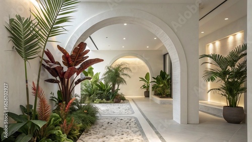 Serene Tropical Courtyard:  Modern Minimalist Architecture, Lush Greenery, Tranquil Atmosphere, Pebble Pathways, Archways.