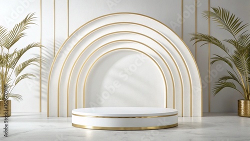 Elegant White and Gold Product Display Podium with Tropical Plants, Minimalist Arch Background, Luxury Branding Mockup.