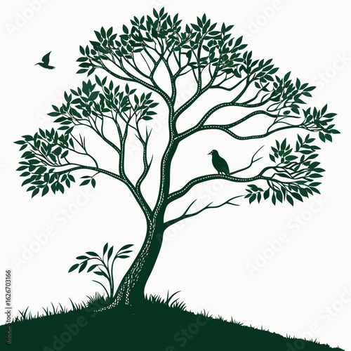 Stylized green tree with birds on a hillside