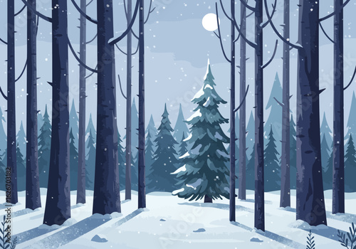 Winter Forest Scene with Snow-Covered Trees and a Full Moon
