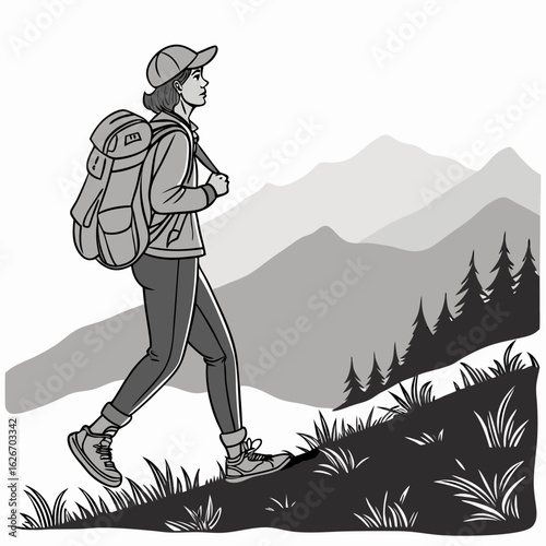 Woman hiker with backpack walking up a grassy hill towards mountains