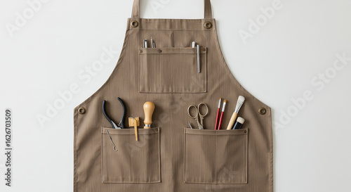 Brown apron with tools crafting diy and professional work concepts