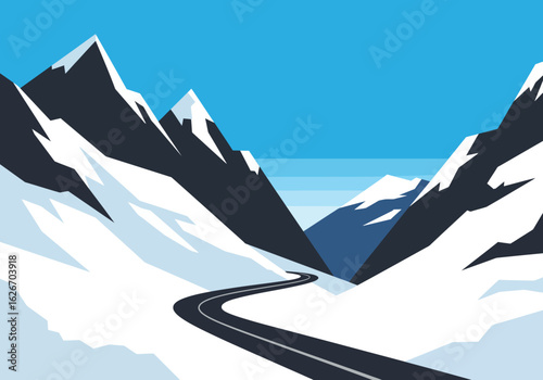 Winding Road Through Snowy Mountain Pass Landscape Illustration