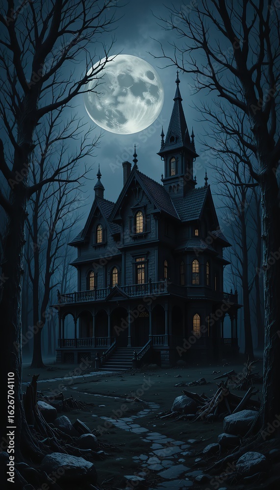 Fototapeta premium Haunted Victorian Mansion Under Full Moon