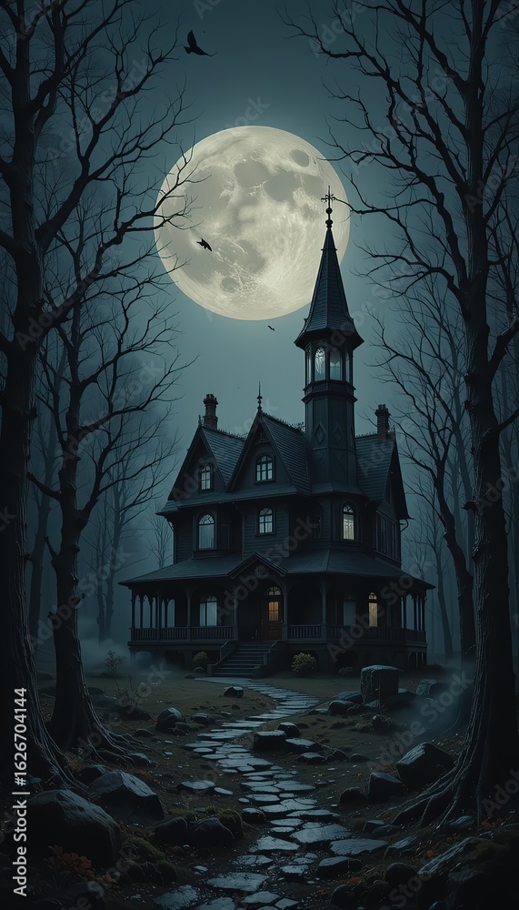 Fototapeta premium Haunted Victorian Mansion Under Full Moon