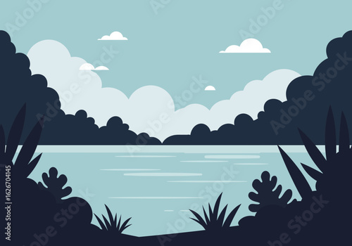Serene Lake Landscape with Clouds and Silhouetted Vegetation Illustration