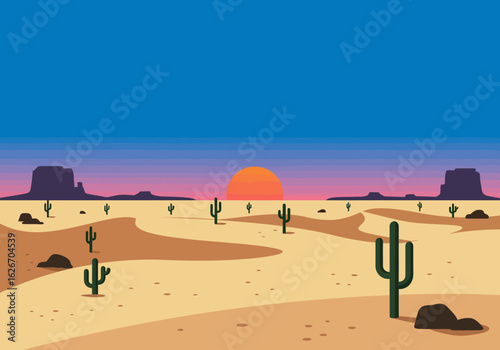 Stylized Desert Landscape with Cacti and Sunset