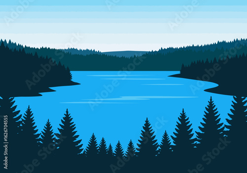 Serene Lake Surrounded by Evergreen Forest Silhouette Illustration