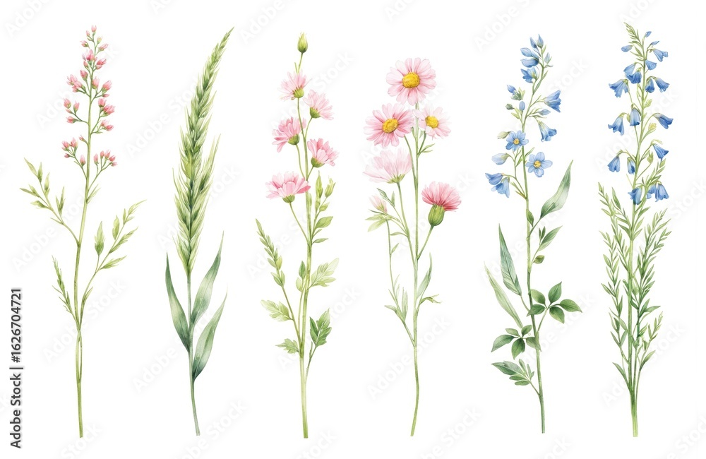 Fototapeta premium Watercolor illustration of wild floral collection featuring pink daisies, bluebells, green grass stalks. Delicate hand-drawn botanical elements on white background, perfect for invitations, greeting