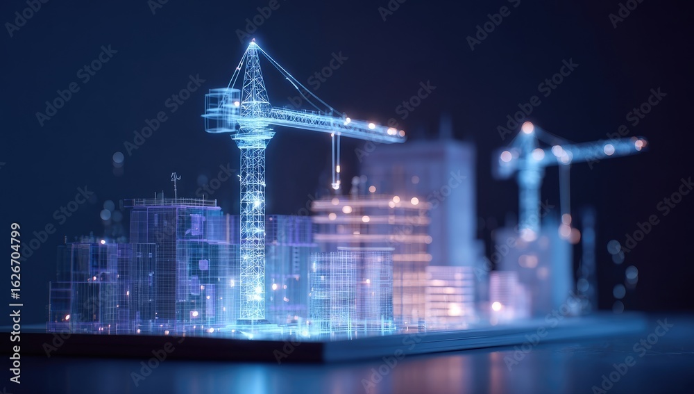 Obraz premium Digital cityscape with construction cranes. Abstract, glowing, low-poly model