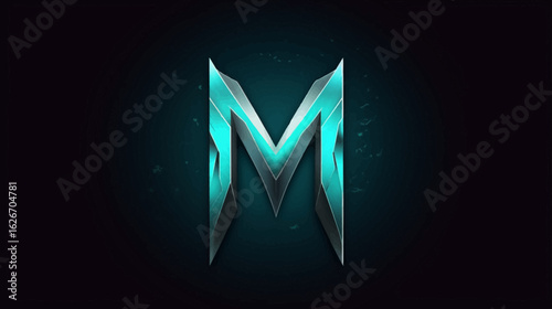 Crystalline Teal and Gray Metallic Letter M, Sharp Edges, Digital Art