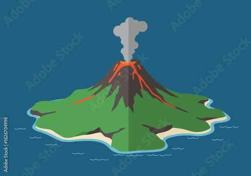 Cartoon Volcano Island with Lava Flowing into the Ocean