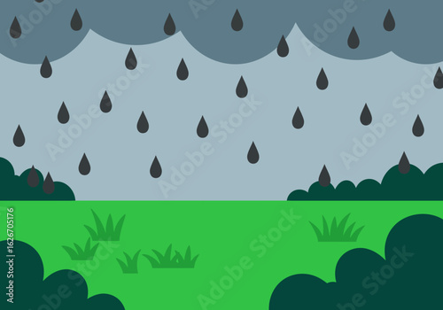 Cartoon Rainy Landscape with Green Grass and Dark Clouds Illustration