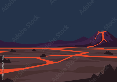 Volcanic Landscape with Flowing Lava and Dark Mountain Silhouette