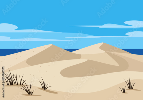 Cartoon Desert Landscape with Sand Dunes and Sparse Vegetation