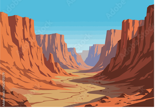 Grand Canyon Landscape Illustration with Red Rock Formations and Blue Sky