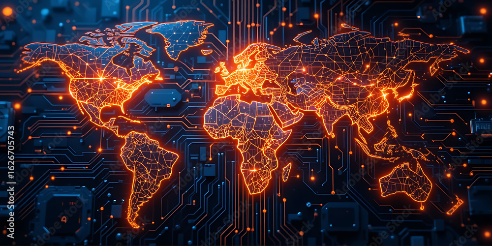 Fototapeta premium Digital world map illuminated by glowing orange circuits on a dark background