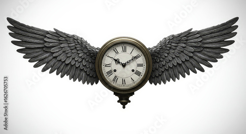 Vintage clock design with wings isolated on white background