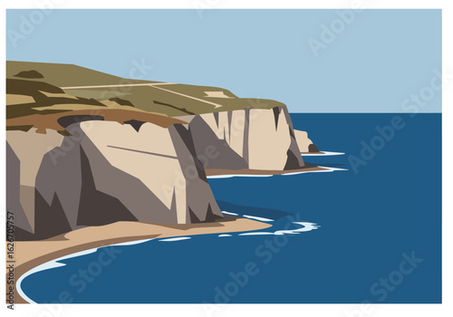 Coastal Cliffs Landscape with Blue Ocean and Green Hillside