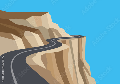Winding Road on Cliffside Illustration with Blue Sky Background