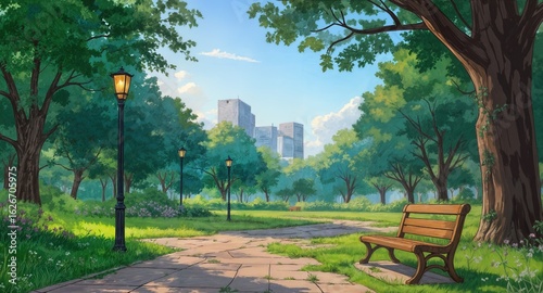 City Park Scenery at Noon with Blue Sky, Anime Illustration
