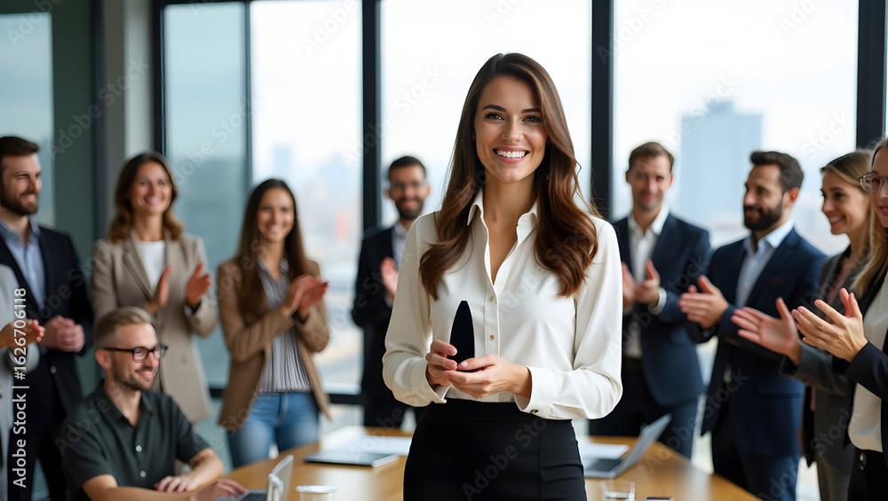 Obraz premium Elegant Businesswoman Addressing Crowd – Confident Leader in Modern Office