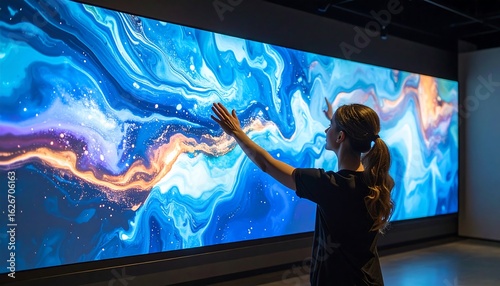 Woman Interacting with Large Abstract Digital Display