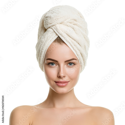 Woman with towel on head on transparent background