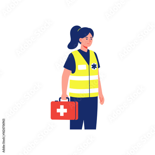 A smiling student with a backpack stands next to a doctor with a stethoscope and a first aid kit