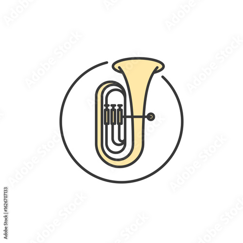 A bold tuba icon enclosed in a fine-line circle, ideal for low brass category visuals, orchestra gear tags, or symphonic band assets with high search impact